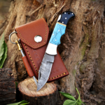 Handmade Damascus Folding Knife: Turquoise Inlay, Rosewood Handle, Leather Sheath Season's Gift - Image 2
