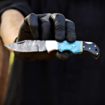 Handmade Damascus Folding Knife: Turquoise Inlay, Rosewood Handle, Leather Sheath Season's Gift - Image 11
