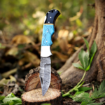 Handmade Damascus Folding Knife: Turquoise Inlay, Rosewood Handle, Leather Sheath Season's Gift
