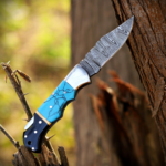Handmade Damascus Folding Knife: Turquoise Inlay, Rosewood Handle, Leather Sheath Season's Gift - Image 14