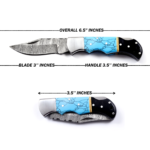 Handmade Damascus Folding Knife: Turquoise Inlay, Rosewood Handle, Leather Sheath Season's Gift - Image 16
