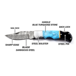 Handmade Damascus Folding Knife: Turquoise Inlay, Rosewood Handle, Leather Sheath Season's Gift - Image 17