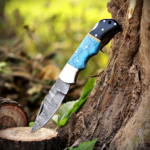 Handmade Damascus Folding Knife: Turquoise Inlay, Rosewood Handle, Leather Sheath Season's Gift - Image 3