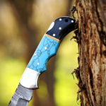 Handmade Damascus Folding Knife: Turquoise Inlay, Rosewood Handle, Leather Sheath Season's Gift - Image 5
