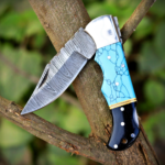 Handmade Damascus Folding Knife: Turquoise Inlay, Rosewood Handle, Leather Sheath Season's Gift - Image 6