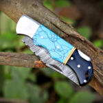Handmade Damascus Folding Knife: Turquoise Inlay, Rosewood Handle, Leather Sheath Season's Gift - Image 7