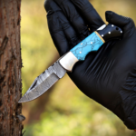 Handmade Damascus Folding Knife: Turquoise Inlay, Rosewood Handle, Leather Sheath Season's Gift - Image 10