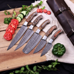Hand-Forged Damascus Steel Chef Knife Set, Wood Handle, Leather Roll Bag