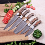 Hand-Forged Damascus Steel Chef Knife Set, Wood Handle, Leather Roll Bag - Image 3