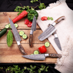 Hand-Forged Damascus Steel Chef Knife Set, Wood Handle, Leather Roll Bag - Image 11