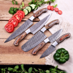 Hand-Forged Damascus Steel Chef Knife Set, Wood Handle, Leather Roll Bag - Image 4