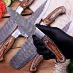 Hand-Forged Damascus Steel Chef Knife Set, Wood Handle, Leather Roll Bag - Image 5