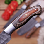 Hand-Forged Damascus Steel Chef Knife Set, Wood Handle, Leather Roll Bag - Image 7