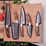Hand-Forged Damascus Steel Chef Knife Set, Wood Handle, Leather Roll Bag - Image 10
